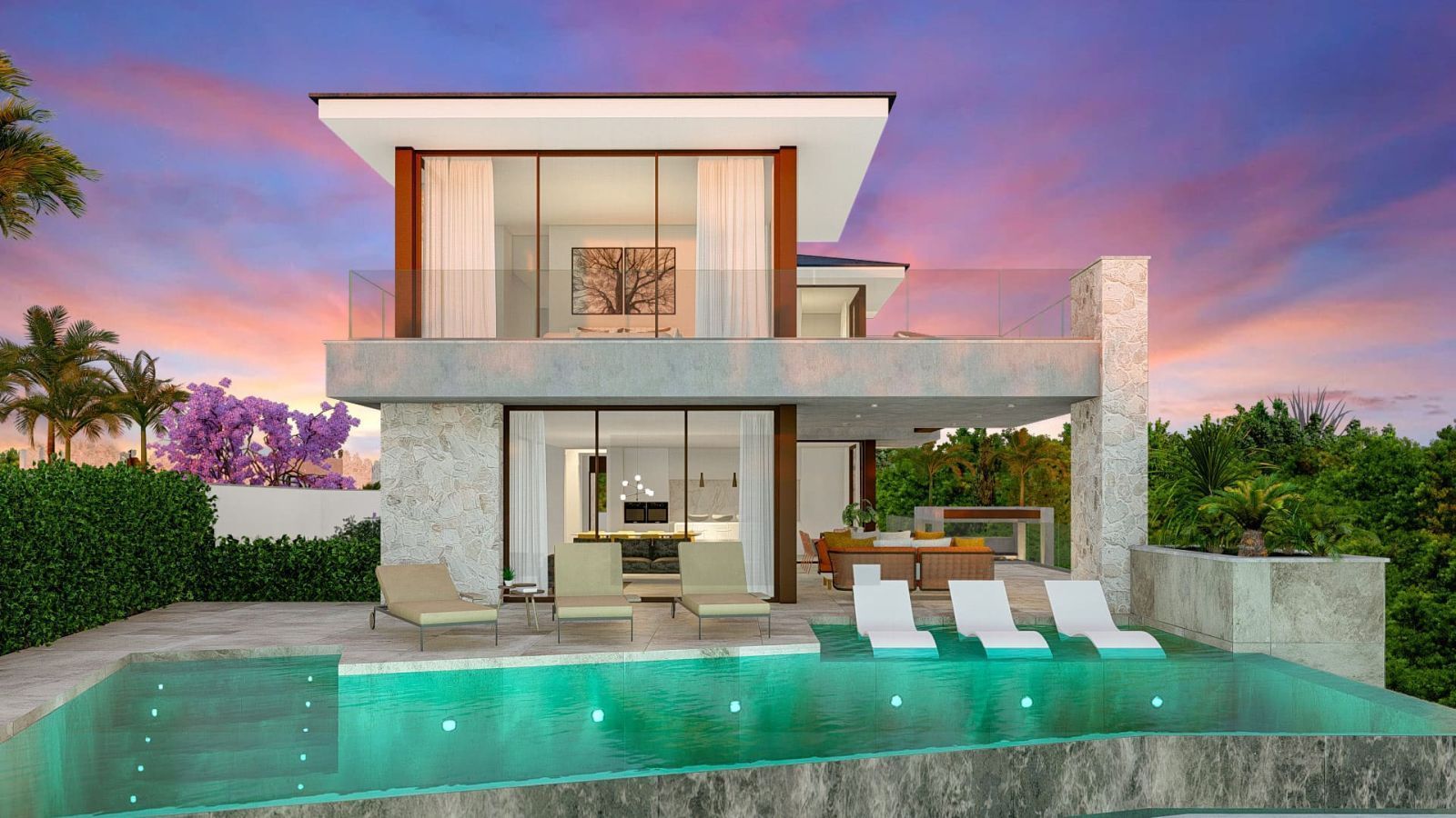 Luxusvilla mit Pool und Terrasse bei Sonnenuntergang.