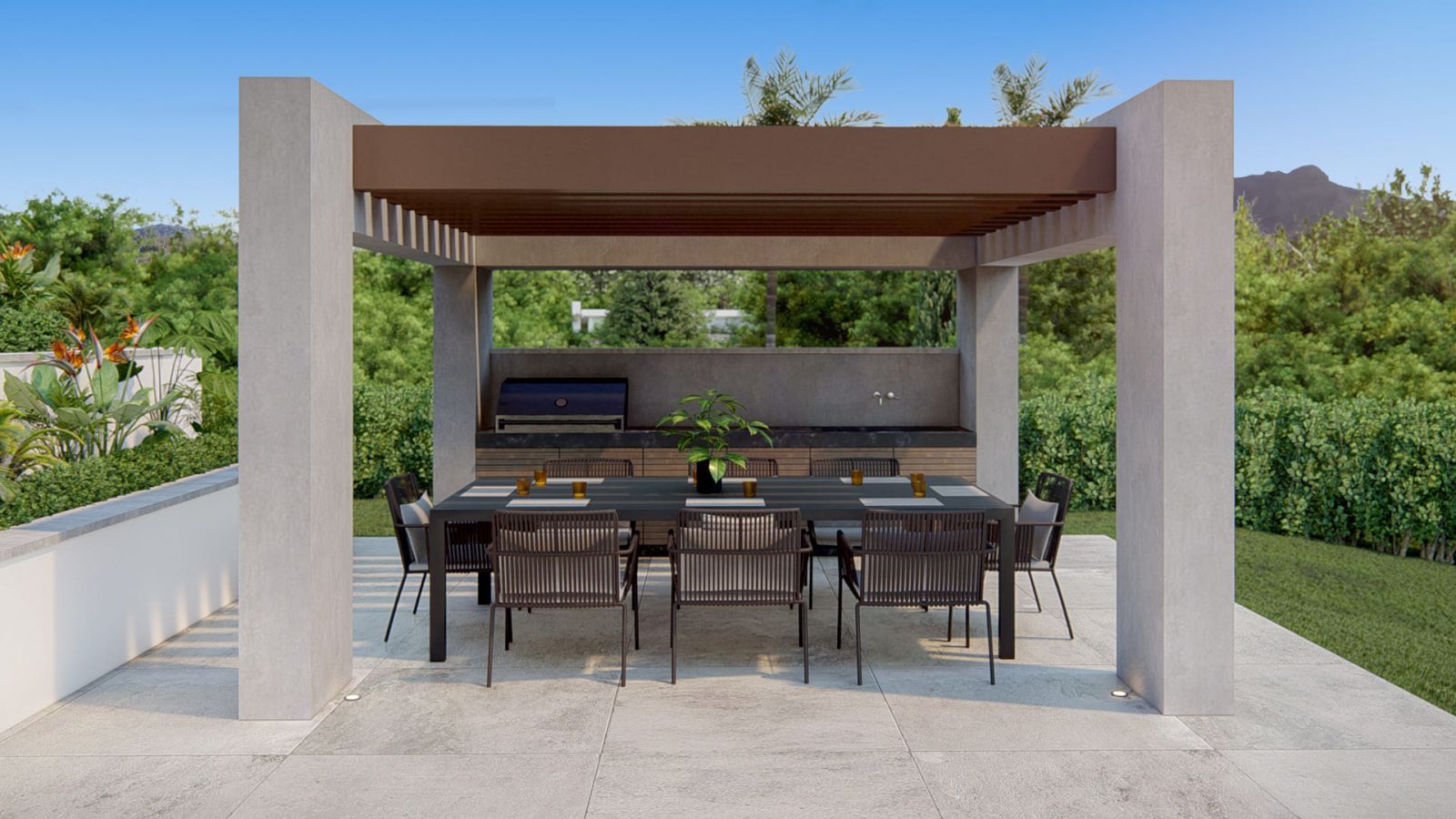 Essbereich im Freien mit Pergola in der Gate 3 Villa.