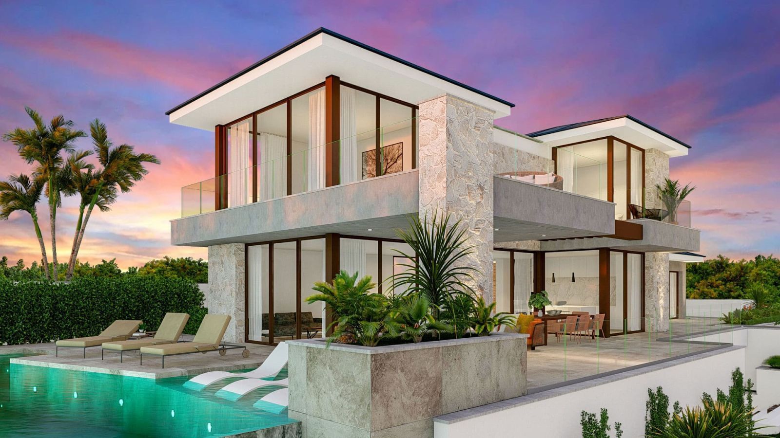 Luxuriöse Villa mit Pool und Außenbereich bei Sonnenuntergang.