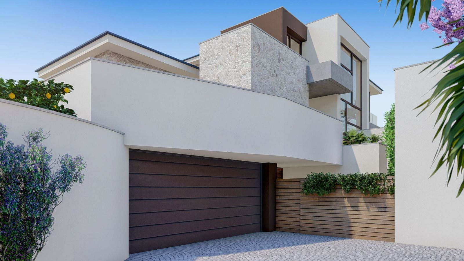 Außenansicht einer modernen Villa mit Holztor und üppigem Grün.