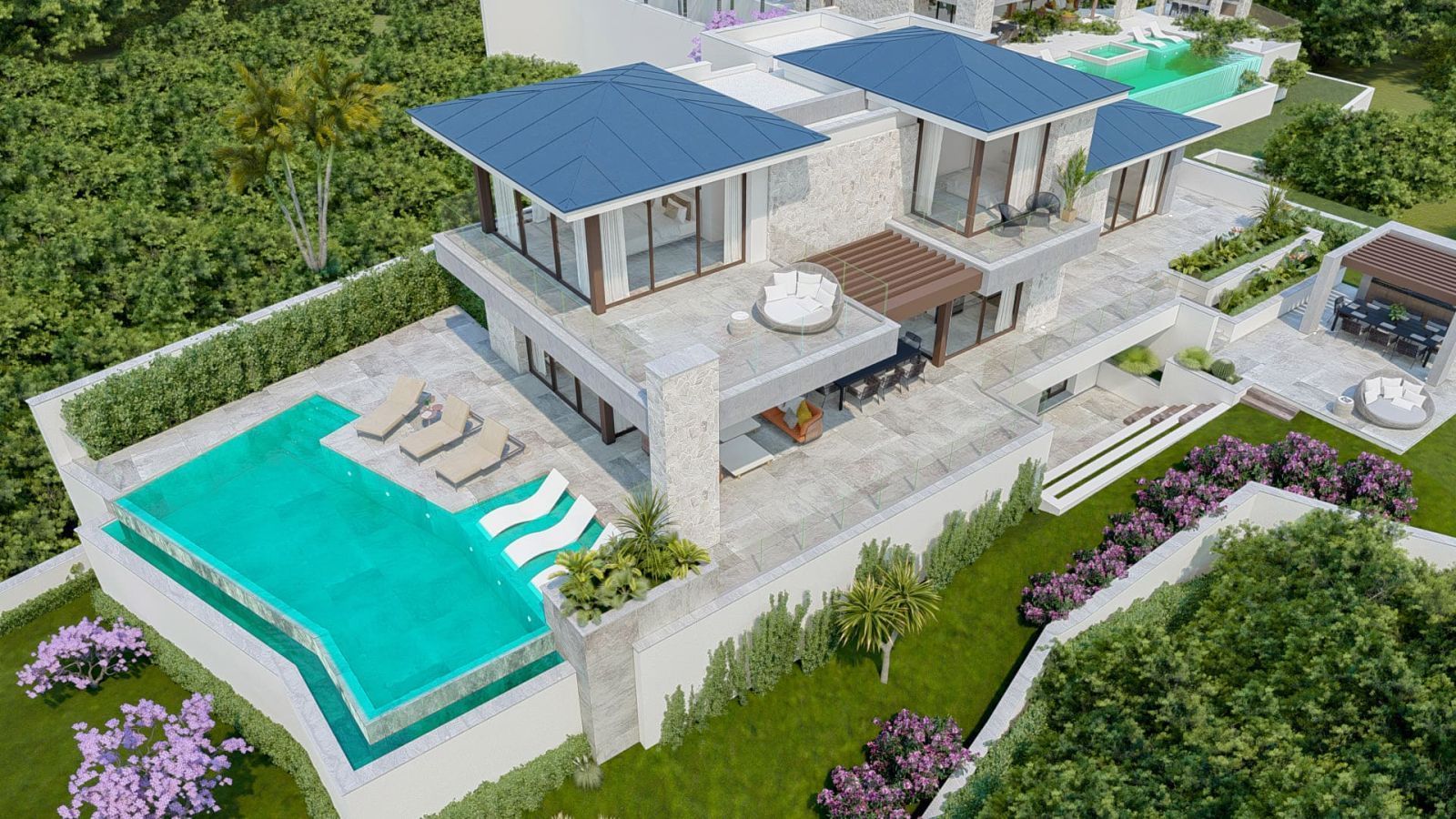 Luftaufnahme einer Luxusvilla mit Pool und Garten